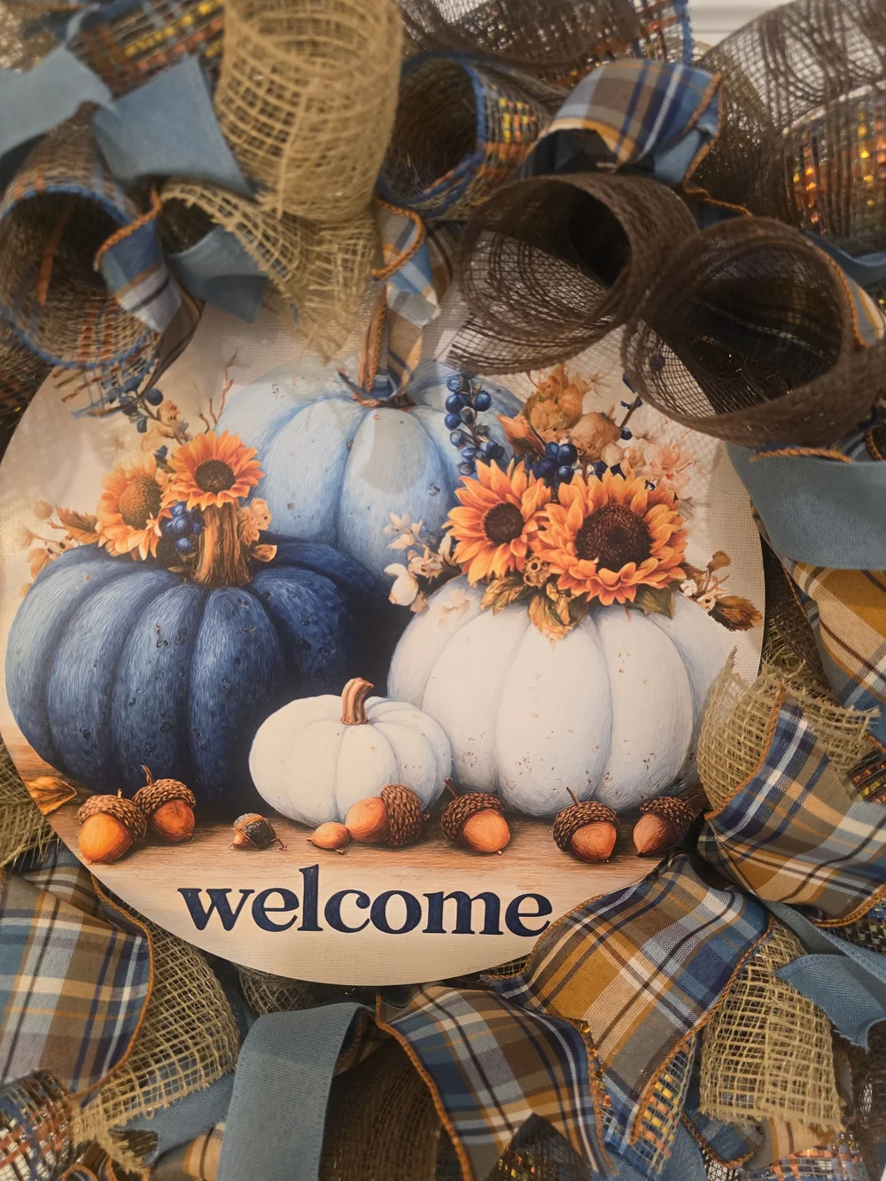 Welcome Sunflower Fall Blue & White Pumpkin Wreath - Home Holiday Decor
